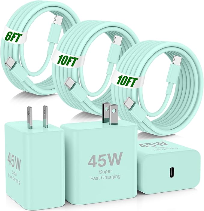 45W iPhone 17 16 Pro Max Charger Fast Charging,3Pack USB C Fast Charger Block with Long 10/10/6FT C to C Cable for Apple 17 Pro Max/16 Pro/15/iPad 13th,PD Quick Adapter 3.2 for iPhone 17-Green