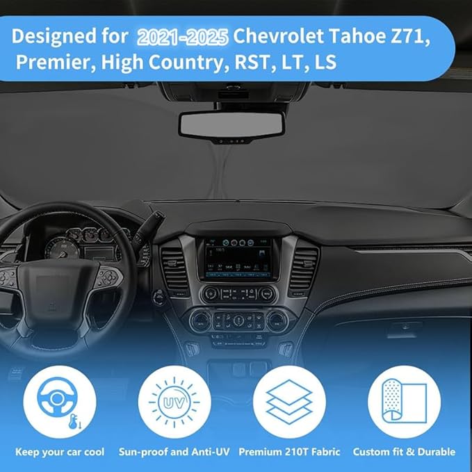 Windshield Sun Shade for 2025-2021 Chevy Tahoe Z71, Front Window Sunshade Protector Cutom Fit Chevrolet Tahoe, Windshield Cover Sun Visor UV Heat Shield Keep Car Cool