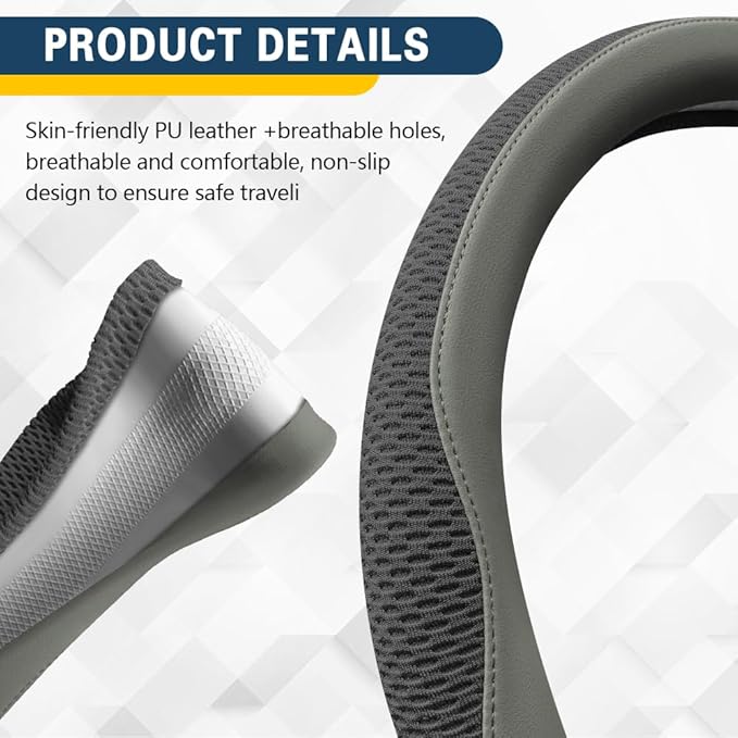 Car Steering Wheel Cover, Steering Wheel Accessories, Universal 15 Inch Microfiber Breathable LCE Silk, Car Accessories Breathable Anti-Slip Protector Universal for SUV Sedan Truck (Gray)