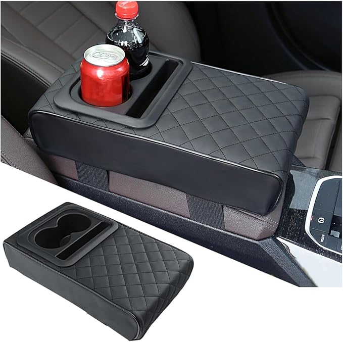 Car Center Console Armrest Pillow with Cup Holder, Leather Middle Console Protection Cushion with Phone Holder, Memory Foam Auto Arm Rest Box Cover, Universal Vehicle Accessories (Textures)
