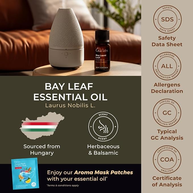 100% Pure Bay Leaf Essential Oil - 0.34 Fl Oz - Bay Leaf Oil for Hair, Skin, Diffuser, Aromatherapy & DIY Candle Making Scent
