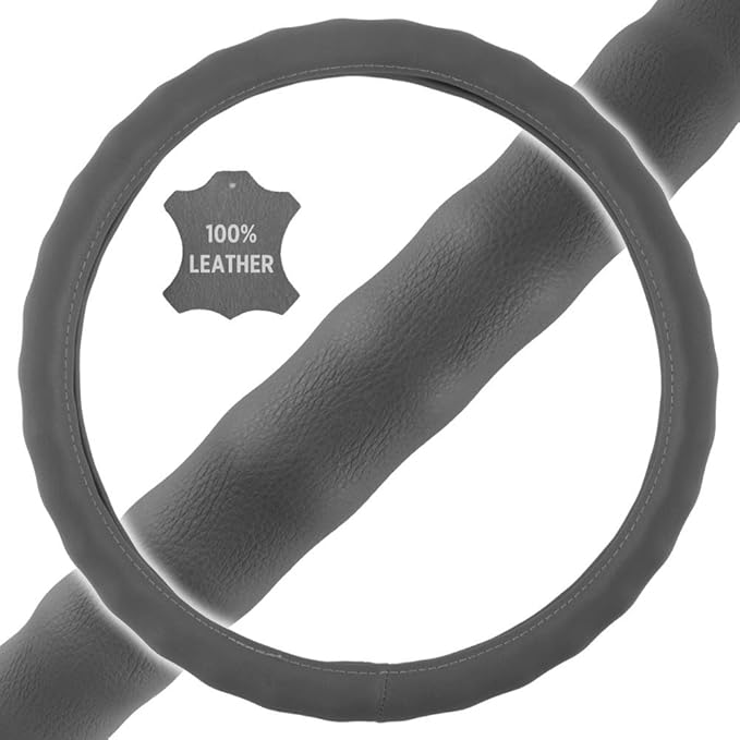 BDK Gray Leather Car Steering Wheel Cover Large Size 15.5 to 16 inch, Easy Installation