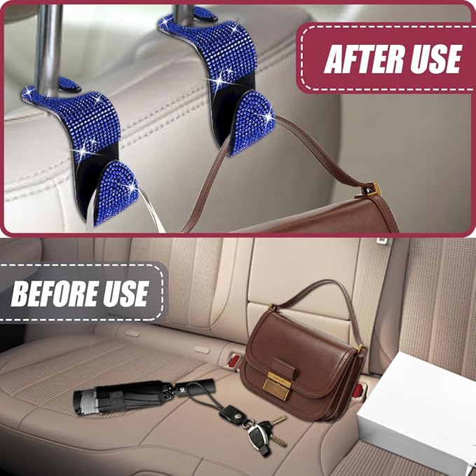 2 Pack Car Seat Headrest Hook, Bling Car Hooks Front Seat, Back Seat Organizer Hanger Storage Hook Car Purse Hook for Bags, Clothes, Coats, Grocery Bags (Blue)