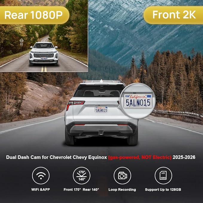 Fitcamx Front 2K+Rear 1080P Dash Cam Adapts for Chevy Equinox 2025 2026 Gas Powered (NOT EV Electric) HD2-1231, OEM Style, Dual HD Video, Loop Recording, WiFi & APP, G-Sensor, Easy to Set, 64GB Card
