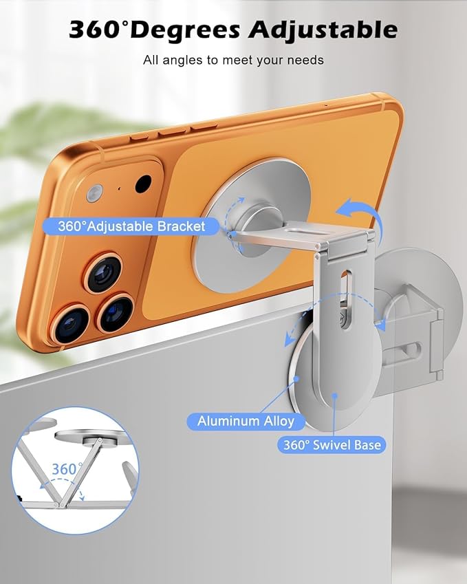 CloudValley Magnetic Phone Laptop Holder Mount, Foldable Hidden Portable Stand for iPhone 17/16/15/14/13 & All Phone, Clamp for Monitor Side, Compatible with Laptop, Desktop, Tesla Model 3/ Y, Silver