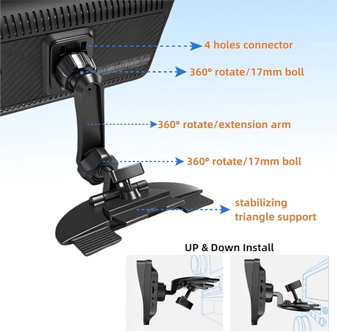 Extended Arm CD Slot Mount for CarPlay Screen Adjustable 360° Rotating Universal Head Compatible with in-Car Monitors CD Slot CarPlay Mount for 7" 9" 10.26" Portable Car Stereo Cd Bracket