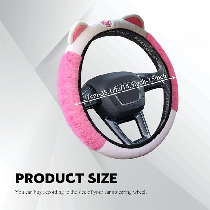 Car Steering Wheel Cover, 15 Inch Fluffy Soft Plush Auto Protector, Anti-Slip Elastic Lovely Car Cover Accessories with Kitty Cat Ears Universal for Most Vehicles (Fluffy-White+Rose Pink)