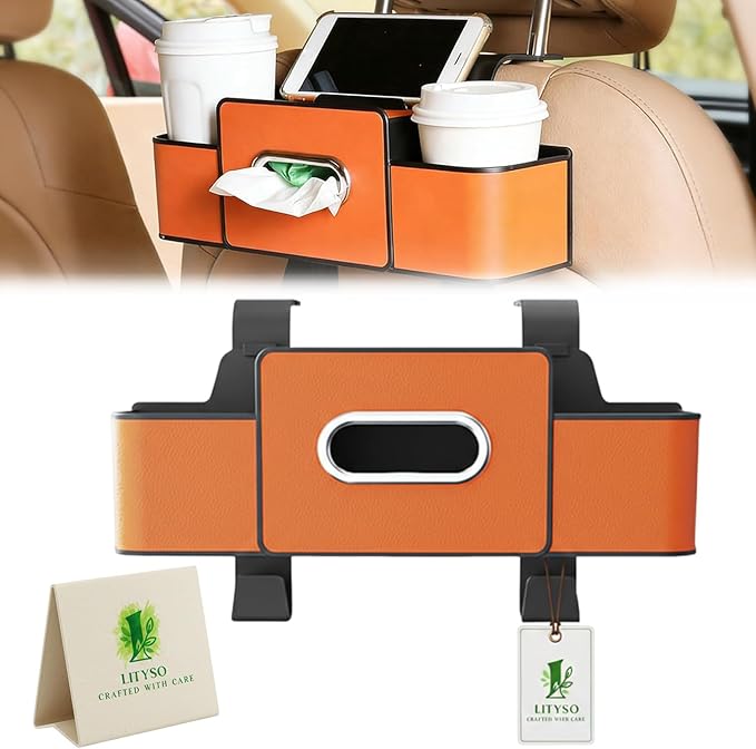 Car Backseat Organizer Multifunction Storage Box Vehicle Seat Accessories Cup Tissue Trash Hooks Phone Snack Drink Handbag Leather Interior Utility Portable Durable Easy Installation Secure(Orange)
