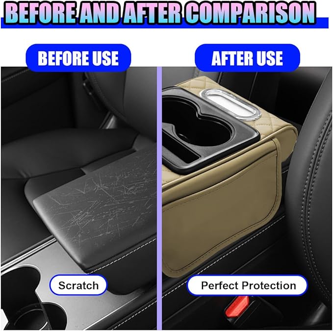 Leather Car Center Console Cover, Universal Automotive Armrest Booster Cushion, Vehicle Middle Console Organizer with 2 Cup Holders, Side Storage Bag, Tissue Box & Phone Slot(Beige)