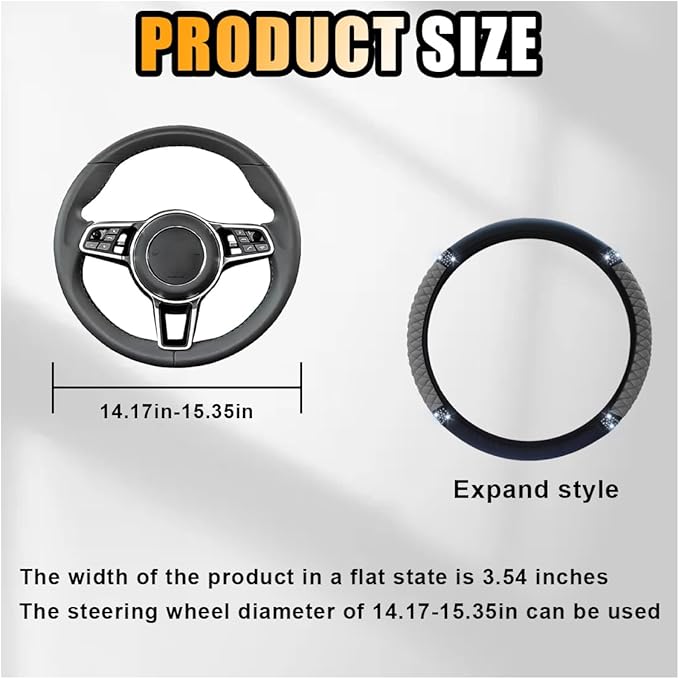 Bling Soft Leather Steering Wheel Cover, 15 Inch Colorful Rhinestones Auto Elastic Protector with Crystal Diamond for Women Girls, Car Accessories for Most Cars, SUVs (Grey)