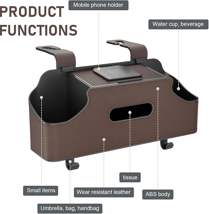 1 PC Backseat Organizer with Dual Cup Holder, Multi-function Tissue Hanging Box and 2 Hooks, Extra Rear Seat Road Trip Storage Accessories, Universal for Most Cars, Trucks, SUVs (Brown)