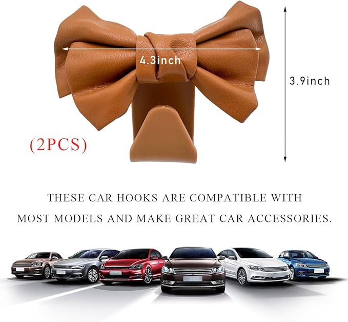 2 PCS Car Seat Headrest Hooks, Cute Bow Shaped Vehicle Backseat Storage Hooks, Leather Bow Shaped Sturdy Car Seat Back Hooks for Purses/Coats/Umbrellas, Car Accessories (Brown)
