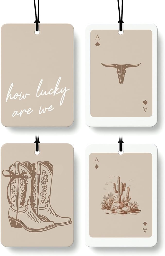 Boho Beige Western Car Air Freshener 4 Pcs, Preppy Cowgirl Cow Skull Cactus Ace Card Hanging Air Freshener for Cars Closet Drawer Books, Cute Western Car Accessories Mirror Decor for Women