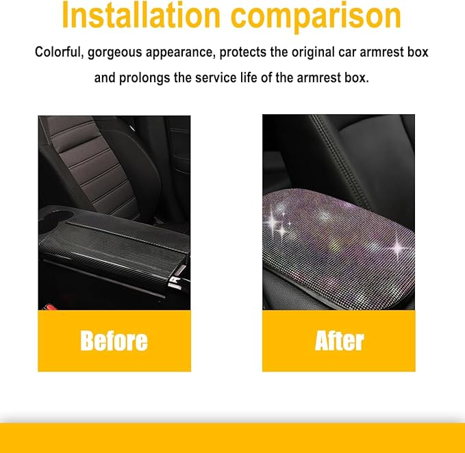 11.9''×8.4'' Bling Car Center Console Cover, Crystal Diamond Arm Rest Cover for Car, Soft Elbow Pillow Automotive Armrest Seat Box Cover, Arm Rest Protective Cushion Pad for Women (Colorful)