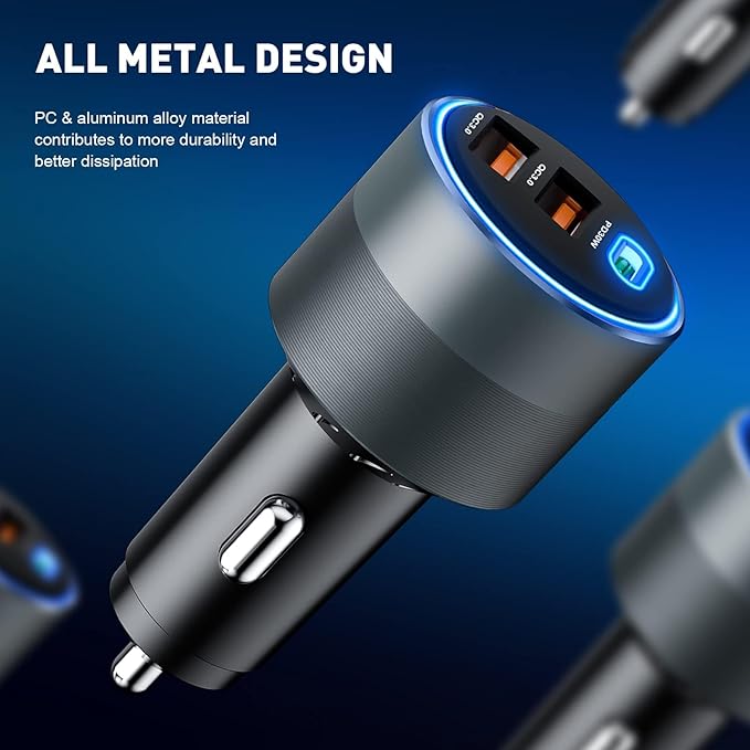 USB C Car Charger for iPhone 16, 66W Car Cigarette Lighter Adapter USB Fast Car Charger PD 30W+Dual QC3.0 [Metal Shell] [Ambient Light] for iPhone 16 15 14 13 Pro Max Samsung Galaxy Note Google Pixel
