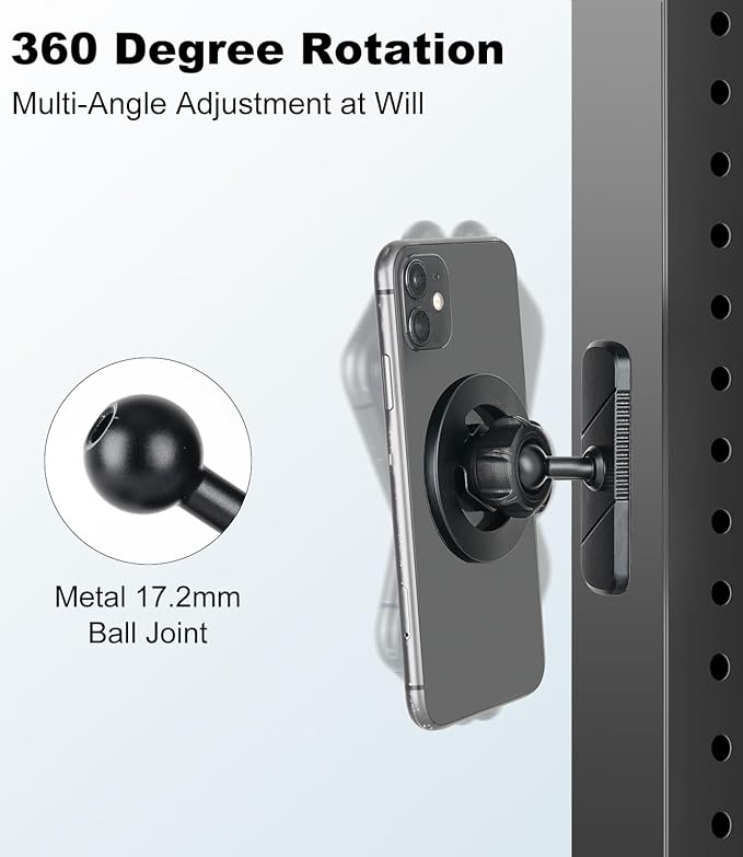 Magnetic Gym Phone Mount for MagSafe – Dual Magnet Stand for iPhone 12-17 / Android, Alloy Base & Ball Joint, Attach to Metal Surfaces for Gym/Golf Cart/Car, Portable Gym Accessories for Men & Women