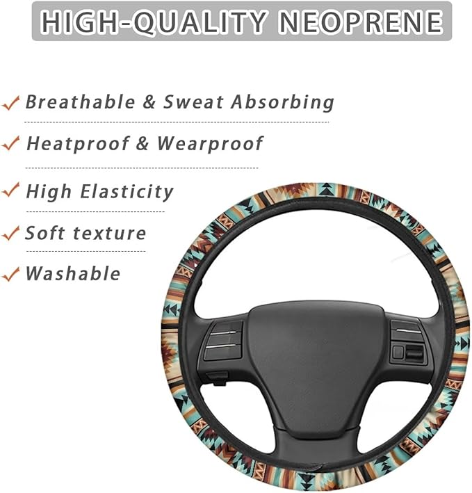 SEANATIVE Ethnic Aztec Car Steering Wheel Cover Universal Car Accessory for Diverse Cars Neoprene Dust Cover for Steering Wheel