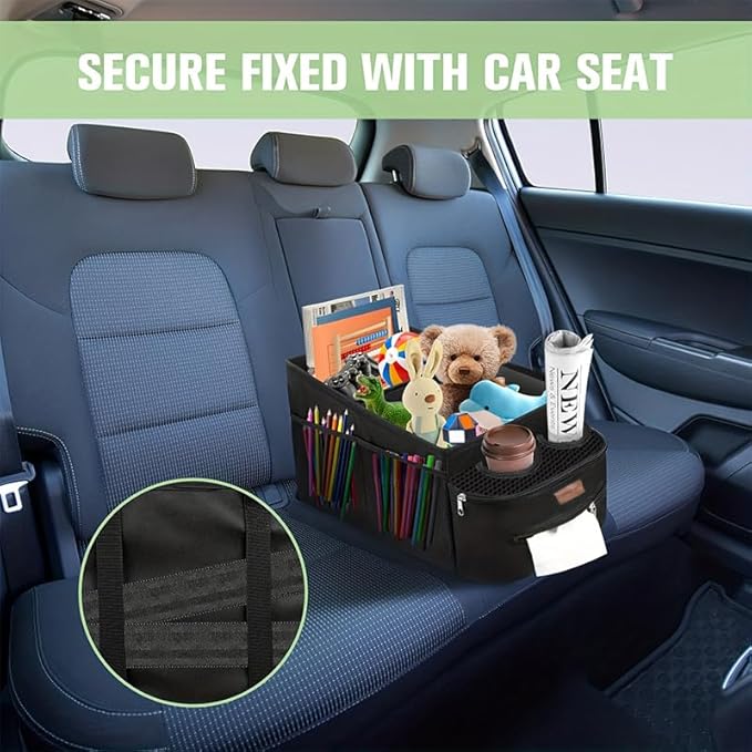 FUNNy elf Car Backseat Organizer for Cars, Collapsible Front Seat Organizer with 4 Cup Holders, Storage Pockets & Dividers, Passenger Seat Organizer for SUV, Truck, Sedan