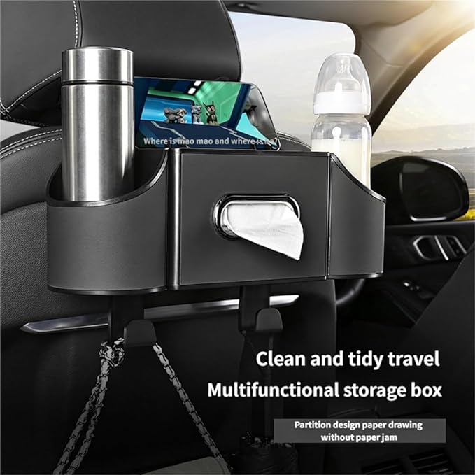 Backseat Car Organizer, 4-in-1 Car Organizer Back Seat with Cup Holder & Tissue Box, Multi-Pocket Car Back Seat Organizer for Phone, Drinks, Travel & Daily Use (Black)