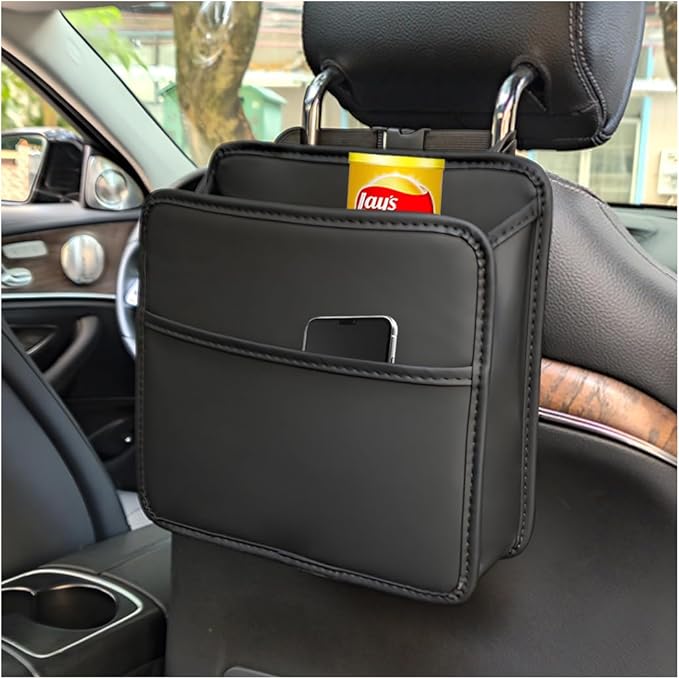 Zpana Car Seat Back Organizer, Leather Multipurpose Hanging Vehicle Backseat Headrest Storage Bag, Automotive Pouch Pocket Organizer for Kids & Adults, Universal for Truck SUV Sedan (Black)