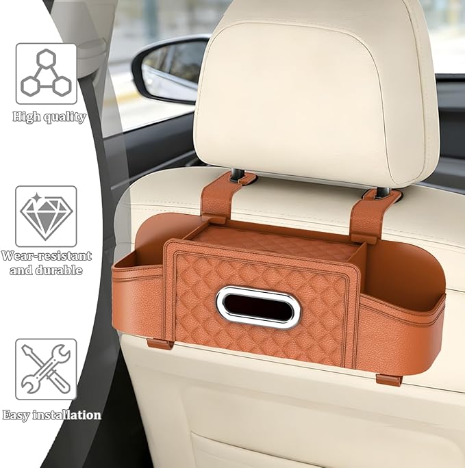 Car Backseat Organizer, 4-in-1 Multifunctional Vehicle Seat Back Tissue Box with Cup Holder & Hook, Auto Backseat Hanging Storage Box for Bag Phone Drink, Universal for Vehicles (Orange)