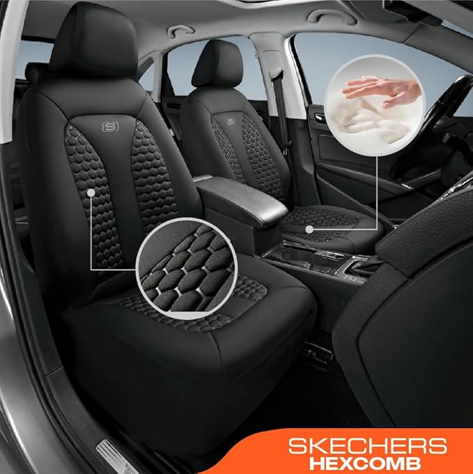 Skechers Memory Foam™ Car Seat Cover Full Sets, Hexcomb Breathable Thick Seat Covers, Airbag Compatible, Automotive Comfort & Protection for Most Cars,Van,Trucks, SUVs (Black,Full Set)