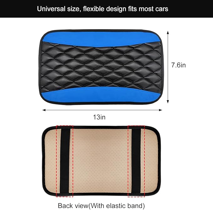 Car Center Console Cushion Pad, 12.6 × 7.48 Inches Waterproof Car Armrest Seat Box Cover, PU Leather Armrest Cover Protector for Most Vehicle, Universal Car Interior Accessories (Black+Blue)