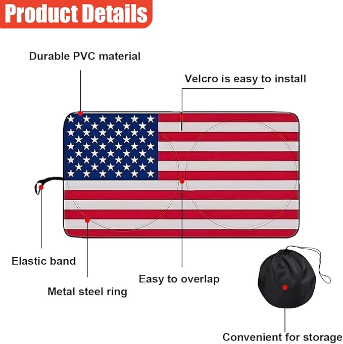 American Flag Car Windshield Sun Shade, Foldable Car Front Window Sunshade for Cars SUV Truck, Auto Interior Sun Protection Cover, Blocks UV Rays & Keeps Your Vehicle Cool (Red, M)