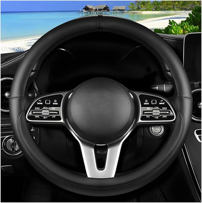 Car Steering Wheel Cover, 15 Inch Leather Anti-Slip Breathable Vehicle Steering Wheel Protector, Automotive Interior Protection Accessories, Universal for SUV Sedan Truck (Black)