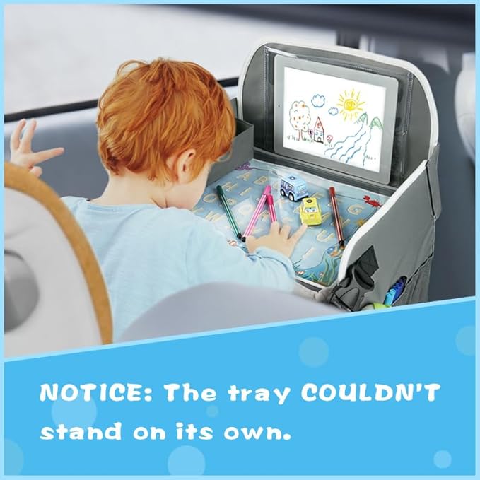 MENZOKE Kids Travel Tray for Boys or Girls, Travel Tray for Kids Car Seat with Tablet Holder, Dry Erase Board & Cooler Cup Holder, Road Trip Essentials Accessories for Car Trip, Airplane (2 Pack)