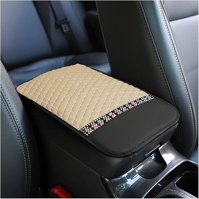 Bling Leather Car Center Console Cover, Car Center Console Protector With Glossy Crystal Rhinestone, Universal Waterproof Car Armrest Seat Box Cover For Most Car, Vehicles, SUVs, Trucks (Beige)