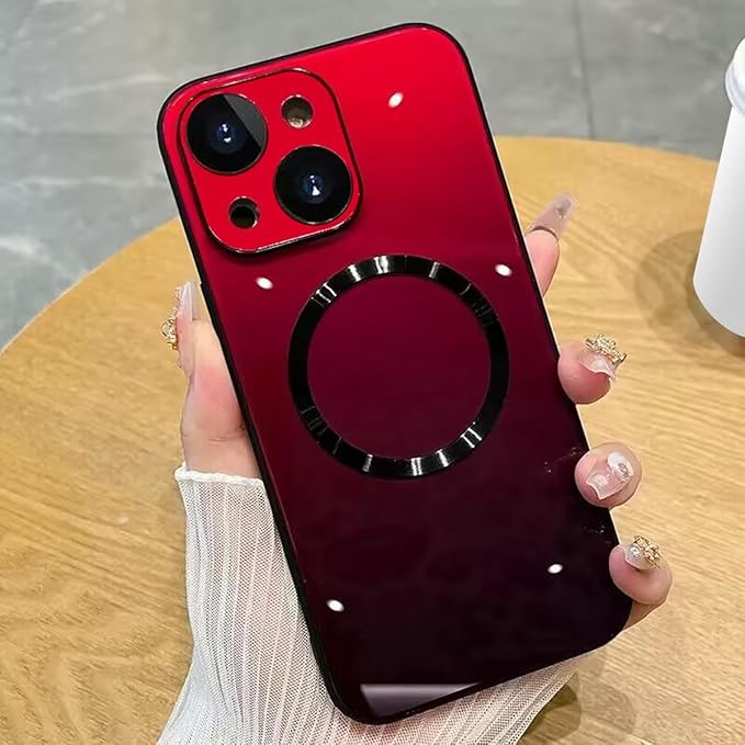 Guppy Compatible with iPhone 15 Case Magnetic, with Full Camera Lens Protector [Compatible with MagSafe] Scratch Resistant Gradient Glass Back Cover Phone Case-Red