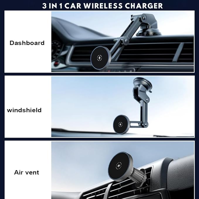 2025 Compatible with iPhone and Android Car Mount Charger for MagSafe 3-in-1 Wireless Fast Charging with Magnetic Suction Cup Mount for Windshield, Vent, or Dash, Type-C Input, 15W Output Power