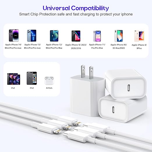 10Foot Fast iPhone Charging Cable,3-Pack Super Fast i Phone Charger USB C Charging Block Wall Charger PD Adapter with 10FT Type C to Lightning Cable Cord for iPhone 14/13/12/11ProMax/XS Max/XS/XR/8/SE