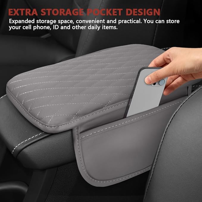 Car Center Console Cover, 12"×7.87" Waterproof Leather Auto Armrest Cover Protector with 2 Pocket, Comfortable Arm Rest Box Cushion Pad, Universal Interior Car Accessories (Gray)