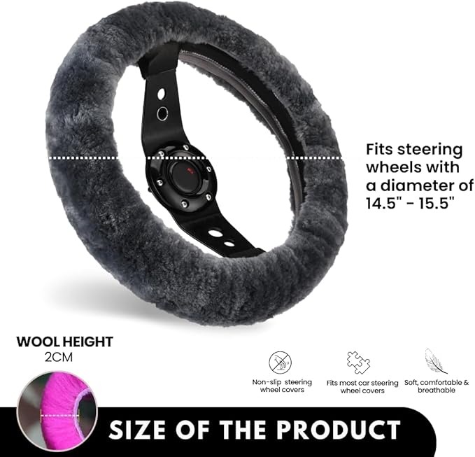 Andalus Brands Luxury Fluffy Car Steering Wheel Covers – Genuine Merino Sheepskin, Soft Fuzzy Car Steering Wheel Cover for Women, Universal 14.5-15" Size, Plush Fur Cute Auto Accessories, Carbon Black