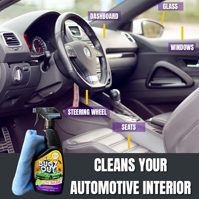 Bugz Out Car Bug Cleaner, Remover & Wash - Spray Bugs, Tar, Bird Poop Off Exterior of Car & Windshield. Remove Black Streaks Without Scratching or Removing Paint. 24 oz bottle w/ Microfiber Cloth