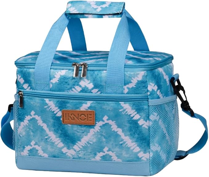 iknoe Insulated Lunch Bag, Foldable 8.5L Cooler Bag for Men & Women, Leakproof Thermal Design, Great for Office, Picnic, Travel, Lunch Box,Blue White
