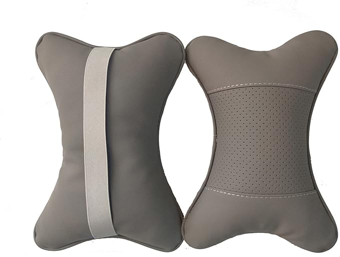 Car Neck Pillows Both Side Pu Leather 2pieces Pack Headrest Fit for Most Cars Filled Fiber Universal Car Pillow (Grey)