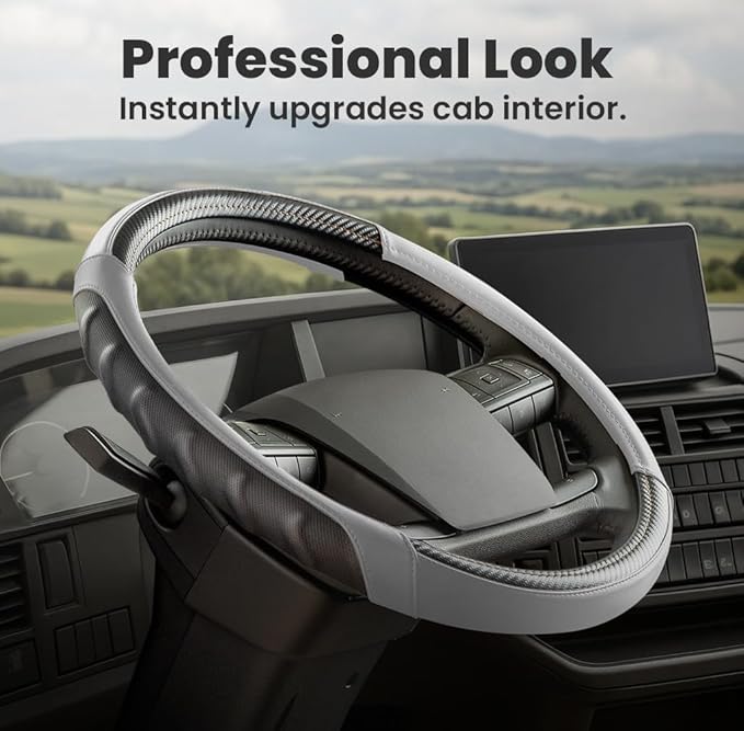 18 Inch Semi Truck Steering Wheel Cover – Premium Leather Grip for Class 8 Big Rigs, Freightliner, Kenworth & Peterbilt – Anti-Slip, Breathable Comfort for Long-Haul Drivers – Grey