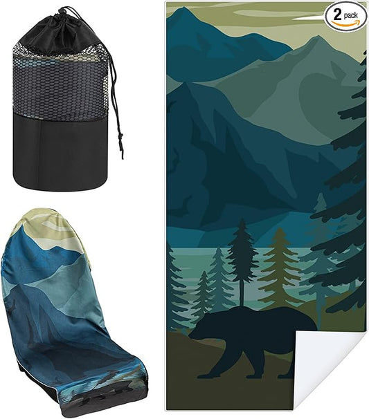 2 Pack Car Seat Towel Covers with Storage Bag 63 x 32 Inch Athletic Running Towel Seat Sweat Washable Non Slip Cover Gift for Car Outdoor Sport Activities (Grizzly Guide)