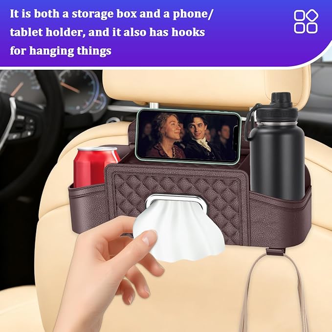 Car Headrest Backseat Organizer, Multifunctional Vehicle Seat Back Hanging Storage Box with Cup Holder and Hooks, Automotive Interior Headrest Storage Organizer, Universal Fit (Brown)