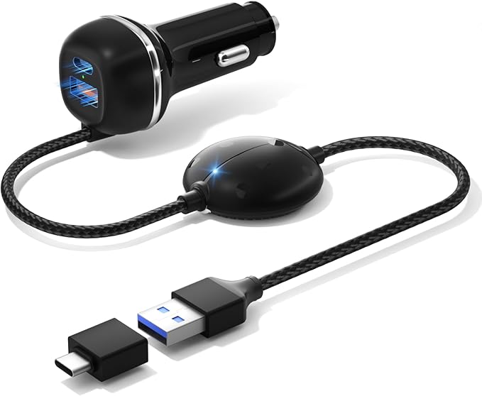 All-in-One Wireless Carplay & Android Auto Adapter with Fast Car Charger - 3 in 1 Cable for Stable Voltage, Enhanced Carplay/Android Auto Data. 48W, Dual USB C & A Ports