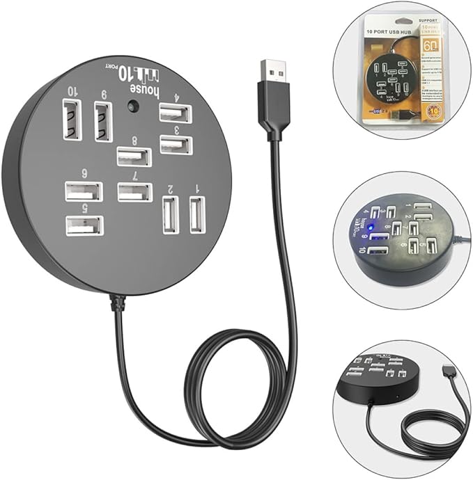 Housoutil USB Splitter 10 Port USB Hub Laptop Accessory Data Dock Station Easy Connection Cable