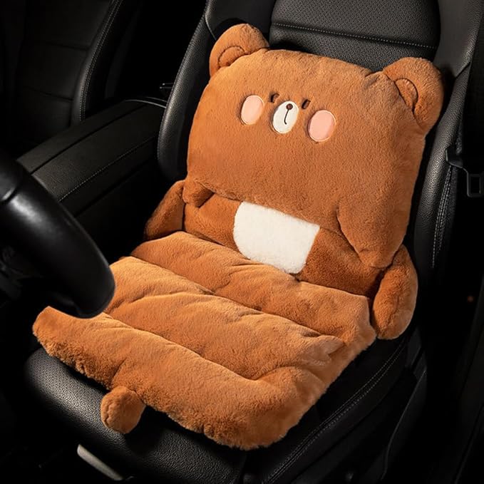Cute Car Seat Cushion, Cartoon Plush Car Pillow for Driving Seat, Lumbar Support Pillow for Car with Anti-Slip Design, All-Season Car Headrest and Back Pillow for Cars, Chair, Wheelchair (Bear)