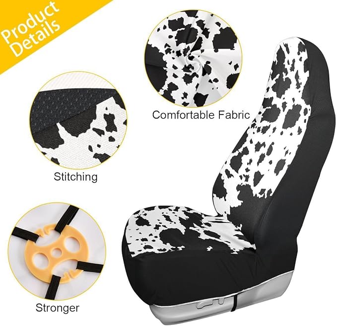 Cow Print Car Seat Covers Set of 2,Rustic Spotted Milk Cow Fur Texture Black Cowhide Universal Auto Front Seat Protector for Women Cute Animal Skin Pattern Car Accessories Fit for Car Truck