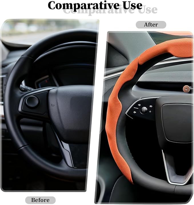 3PCS Car Steering Wheel Cover, Nappa Leather Breathable Non-Slip Segmented Steering Wheel Protector, Snap-on Auto Interior Decoration Accessories, Universal Fit (Orange)