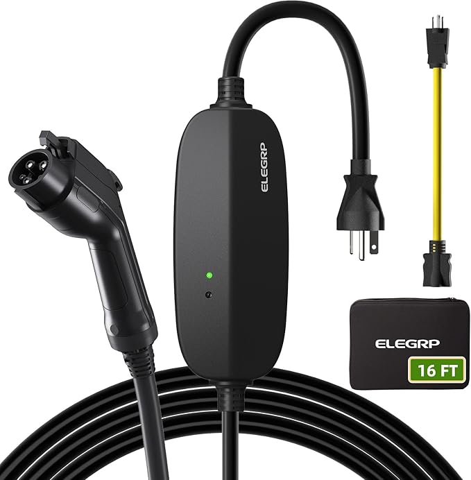 ELEGRP Level 1/2 EV Charger, 16 Amp, Portable J1772 Electric Car Charger, 16FT Cable, NEMA 6-20 & 5-15 Adapter, 110V-240V for BEVs/PHEVs, PBE & LRC Technology