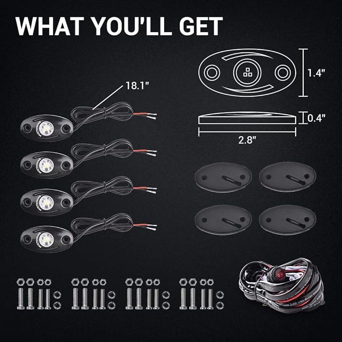 MICTUNING 4 Pods Pure White Rock Lights Kit - IP68 Waterproof, with Wiring Harness - Ultimate Underglow for Car, Truck, ATV, UTV, SUV, Off-Road, Golf Cart & Boat