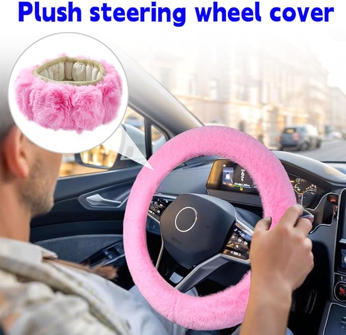 Fluffy Steering Wheel Cover, Winter Warm, Suitable for Most Car Steering Wheels in The 14-15 Inch Range (Pink, 1PCS)
